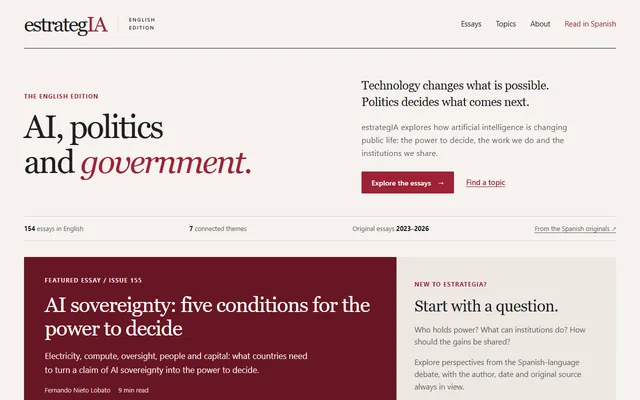 Portada del archivo web de artículos principales de estrategIA en inglés