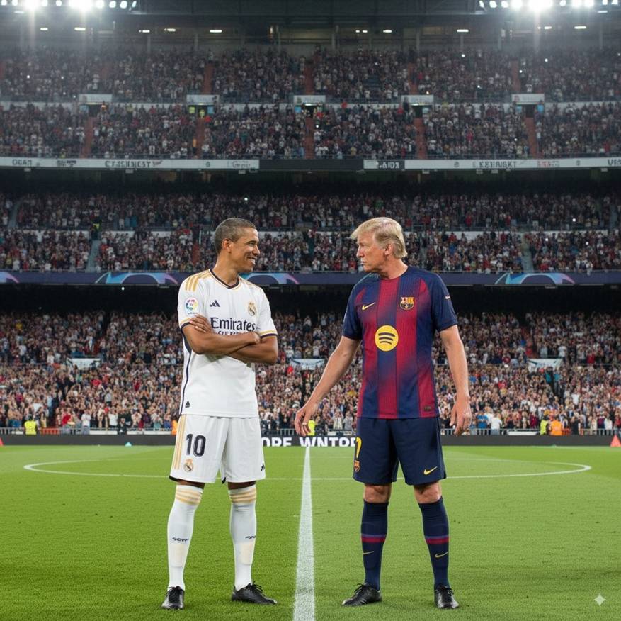 Generated result showing the two subjects facing each other on a football pitch in the specified white and blue-and-red shirts.