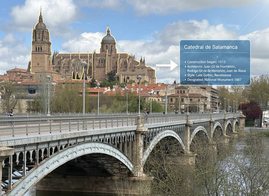 Generated annotation highlighting Salamanca Cathedral and adding an information panel to the photograph.