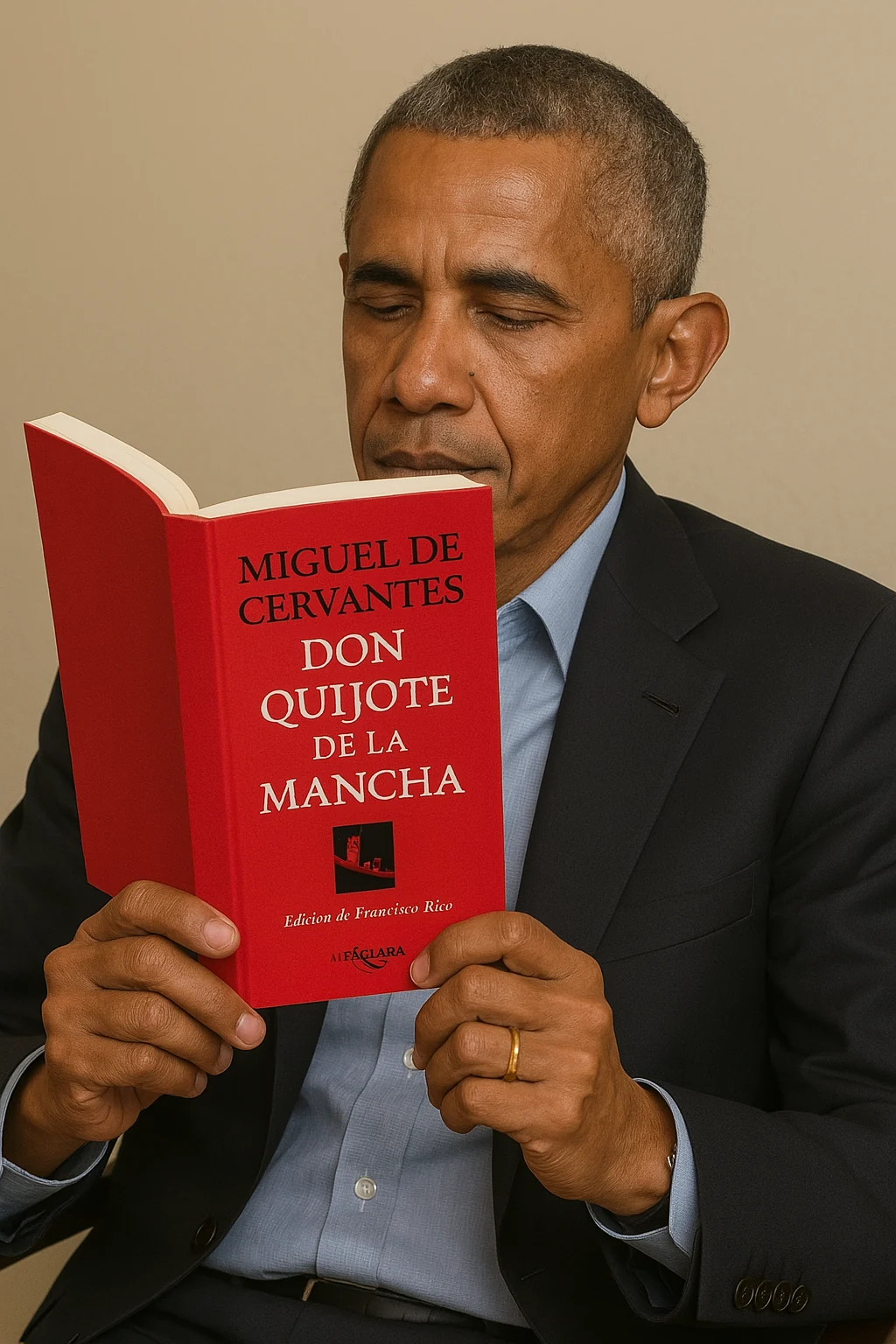 Synthetic scene showing the Obama subject reading a generated Don Quixote book, with distorted small publisher text.