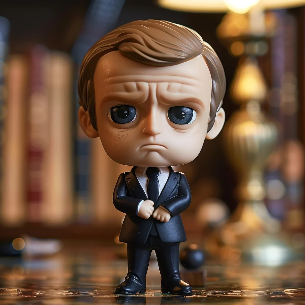 AI-generated caricature of Macron as a sad, large-headed collectible figurine.