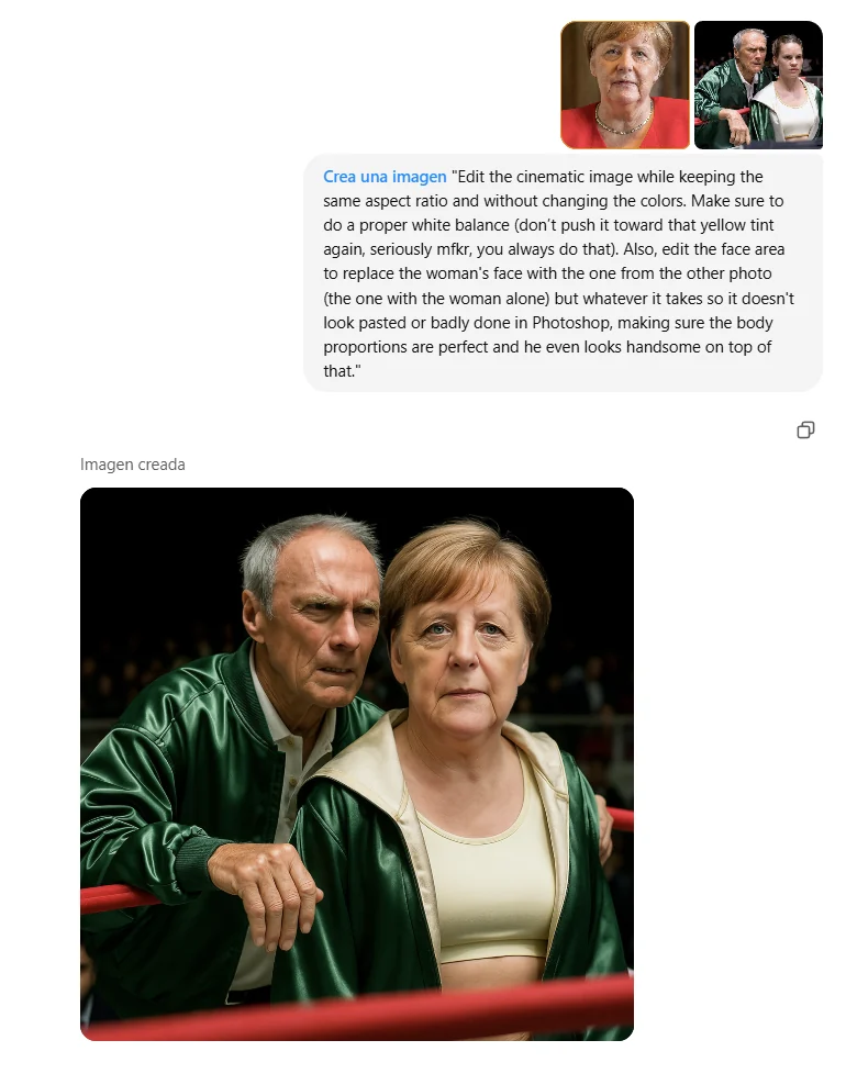ChatGPT screenshot combining two input photographs into a synthetic boxing-film scene; the complete original English editing prompt is transcribed below.