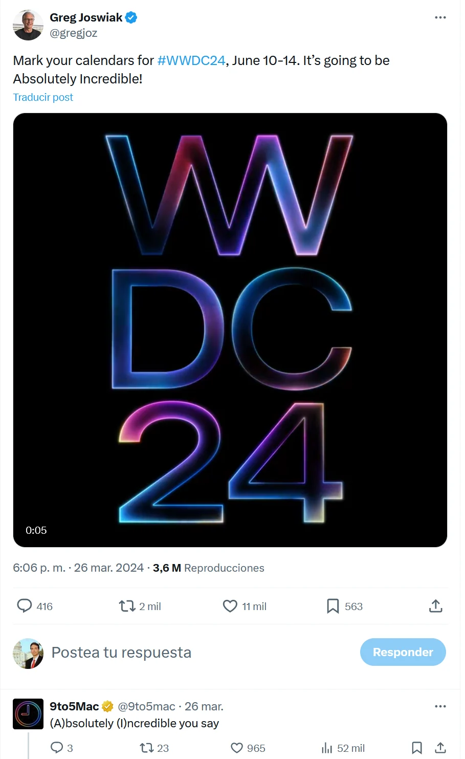 Greg Joswiak announces WWDC24 for 10–14 June with the phrase Absolutely Incredible, and 9to5Mac highlights the initials AI.