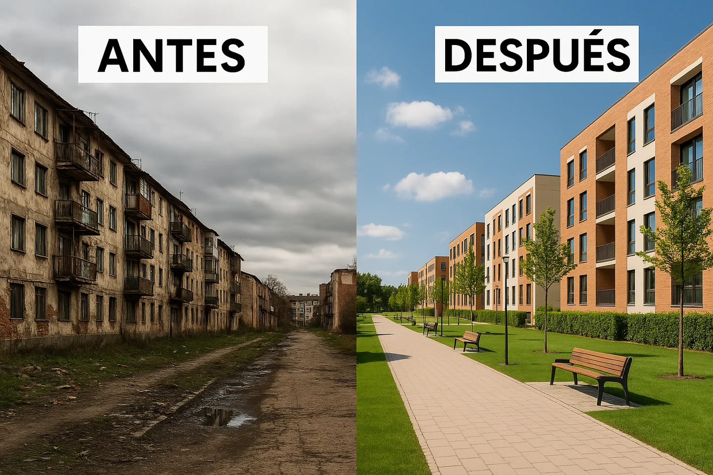 Synthetic before-and-after neighbourhood comparison with dilapidated housing on the left and renewed housing, paths and trees on the right.