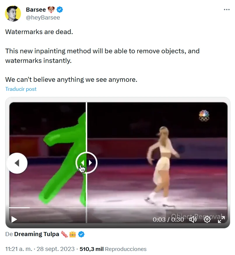 A post demonstrating ProPainter, the AI video inpainting tool discussed in the article.