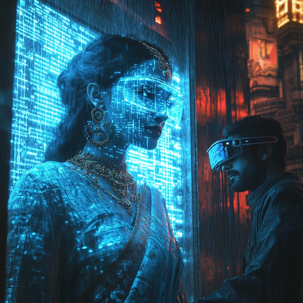 Illustration of a woman's blue hologram speaking to a man wearing augmented-reality glasses.