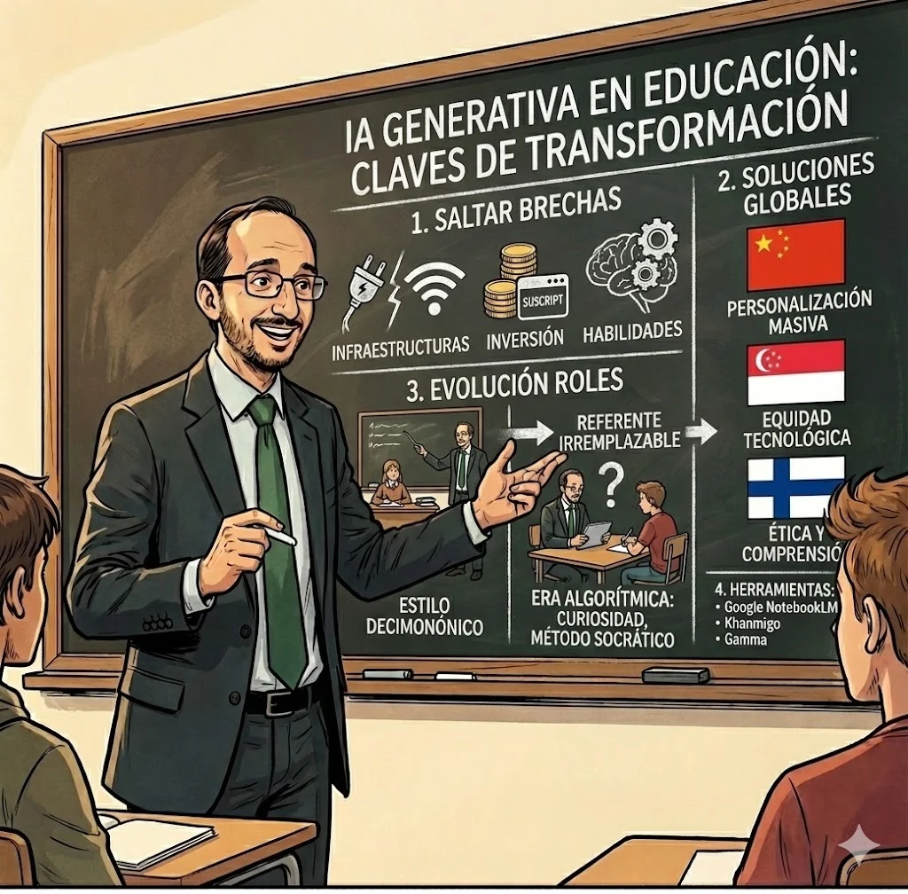 Illustrated classroom board summarising divides, international approaches, evolving roles and AI tools.