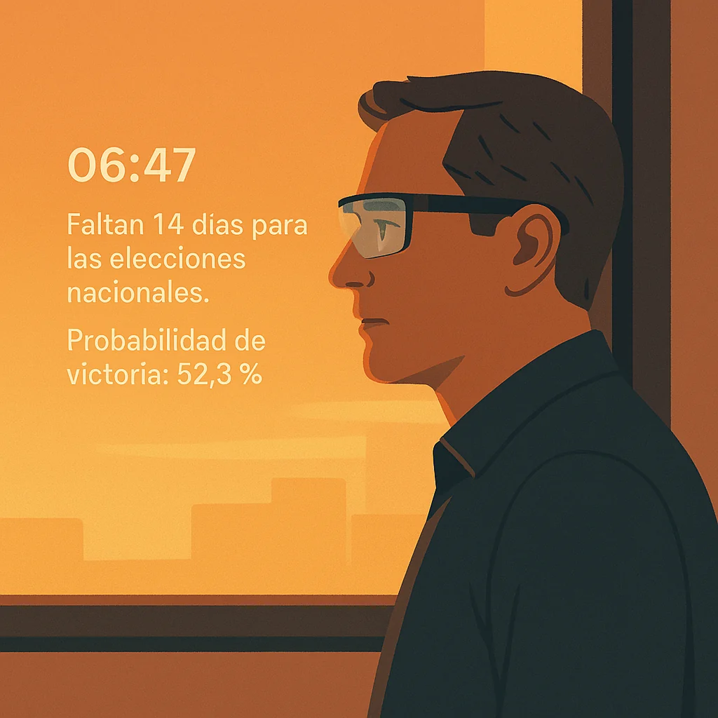 A campaign manager in smart glasses at 06:47; election countdown and victory probability translated below.