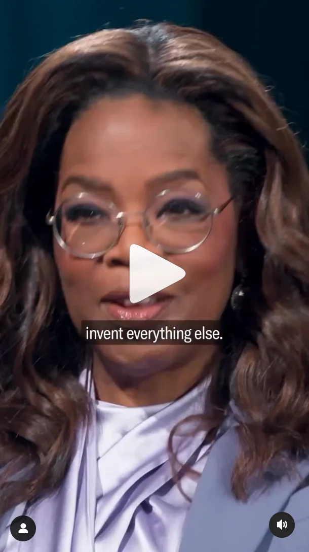 Historical video still of Oprah Winfrey, with a play symbol and the visible subtitle invent everything else.