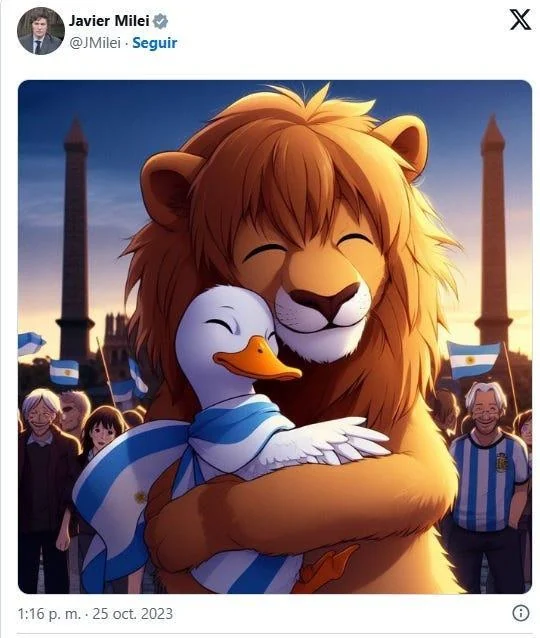 Screenshot of a 25 October 2023 Javier Milei post showing an AI-generated lion and duck embracing, representing the alliance described in the article.