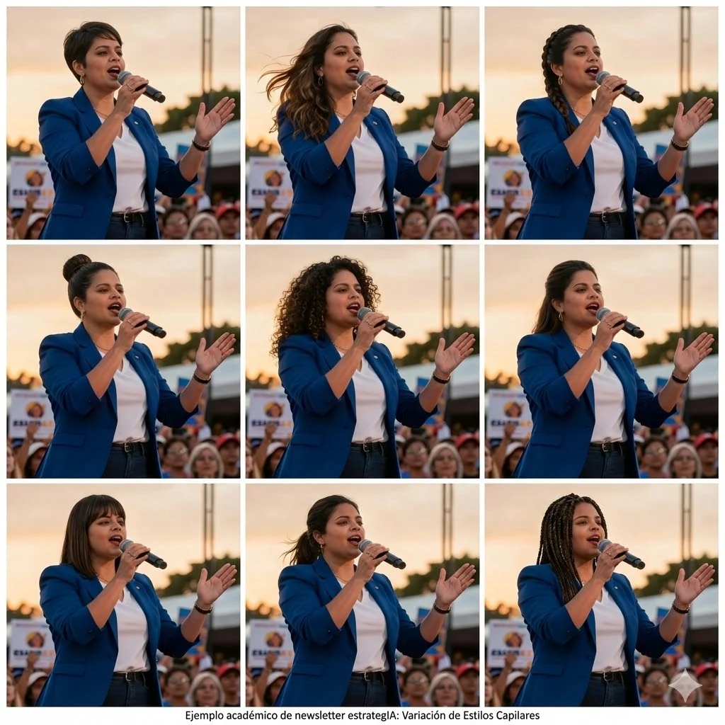 Nine hairstyle variations of a generated female candidate speaking at a rally.