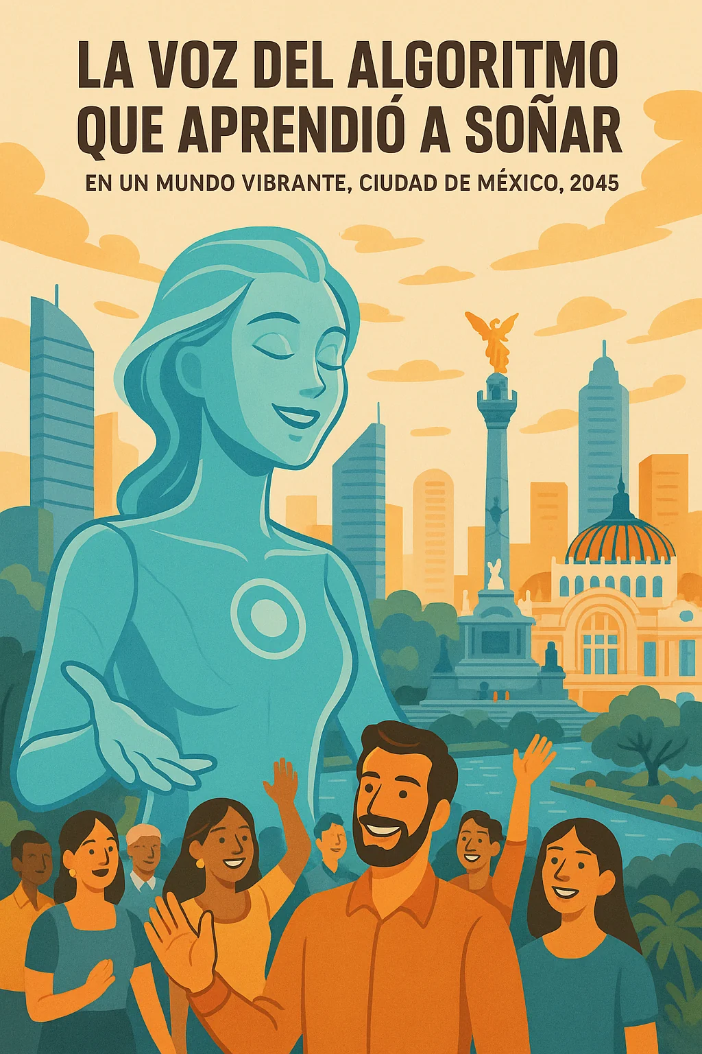 Illustrated cover with an AI figure and citizens in Mexico City, 2045; text translated below.