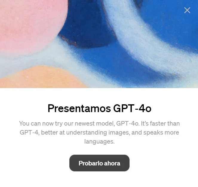 GPT-4o announcement panel, with Spanish heading and button and English product description.