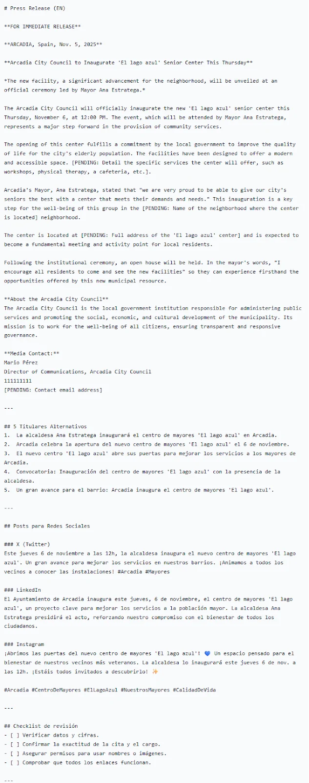 Continuation of the generated communications package, including the English release, five headlines, three social posts and a review checklist.