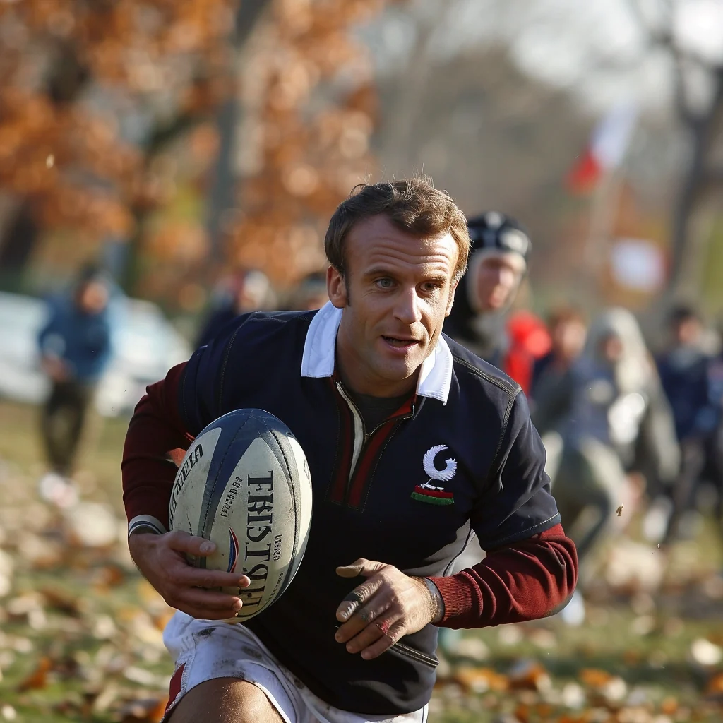 AI-generated fictional image of Macron running with a rugby ball outdoors.