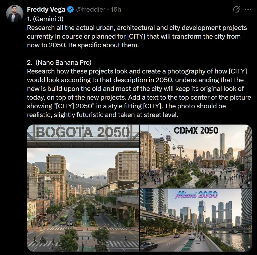 Freddy Vega's two English prompts, illustrated with imagined Bogotá, Mexico City and Miami in 2050.