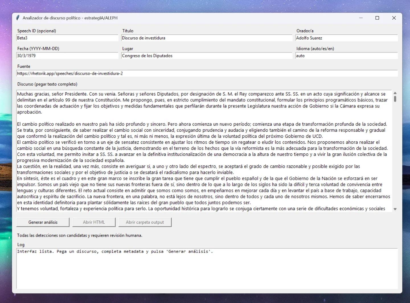 Political speech analyser interface with a Suárez speech and mandatory human-review warning.