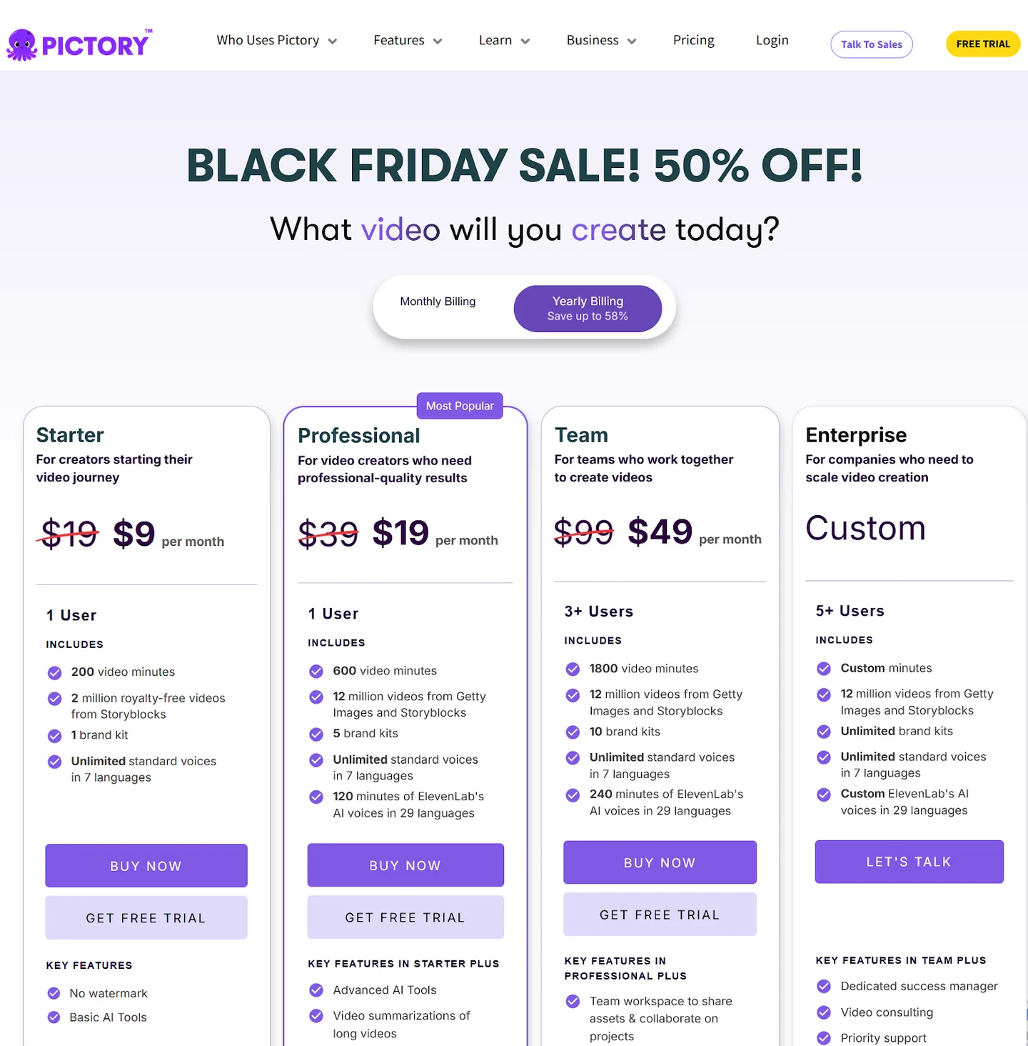 Historical Pictory Black Friday pricing page with four plans and annual billing selected. Accessible details follow.