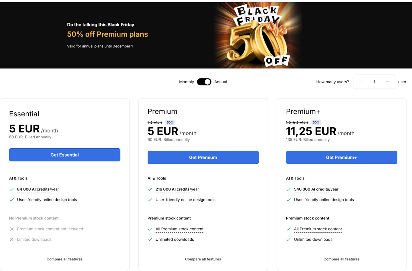Historical Freepik pricing page showing Essential, Premium and Premium+ annual plans for one user. Accessible offer details follow.