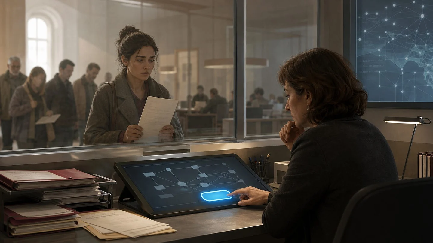 Fictional council officer at a blue signing button, facing a woman holding a decision letter across a glass partition.