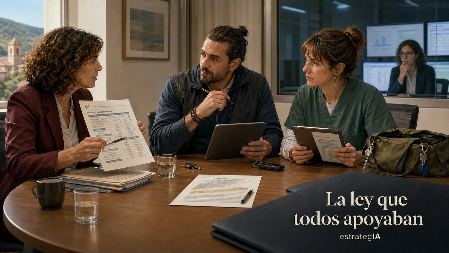 Illustration: a mayor, delivery driver and physiotherapist discuss documents around a table while Celia watches from a control room. Spanish title: The law everyone supported.