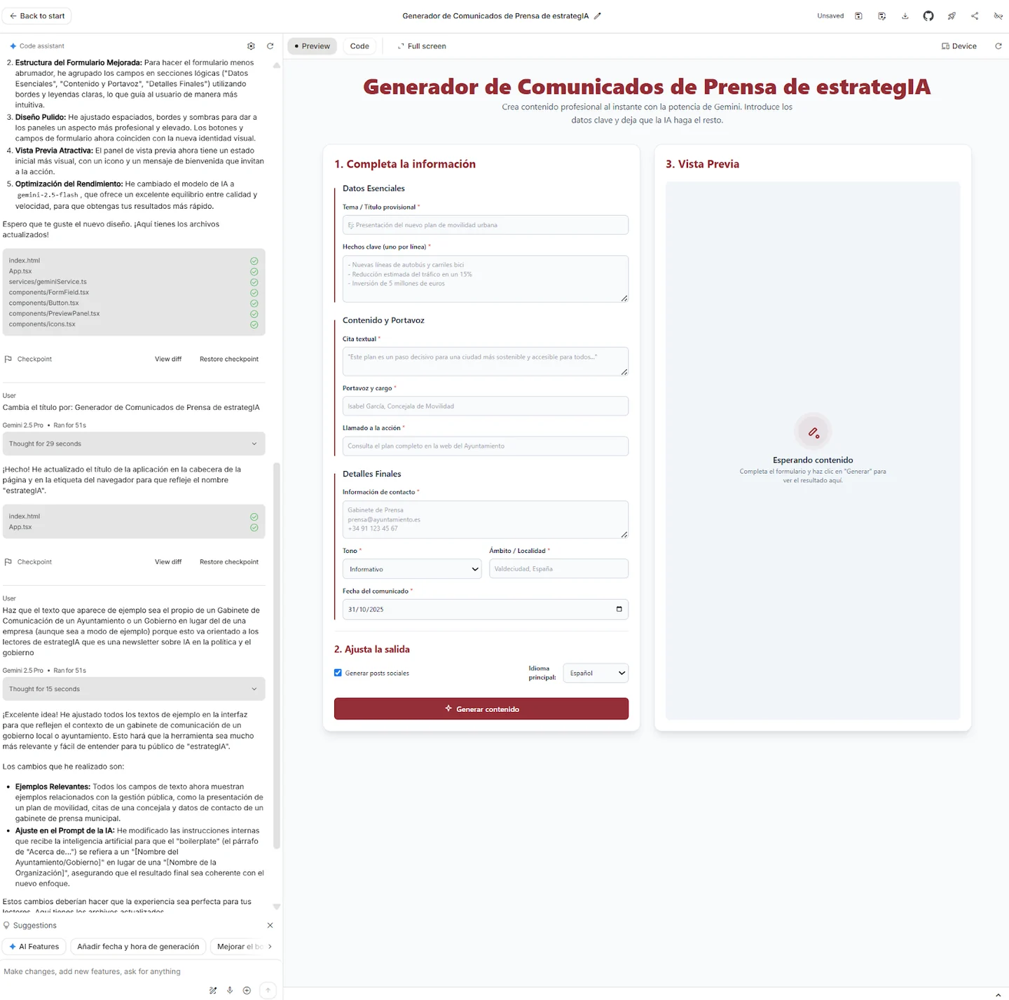 Final red estrategIA press-release interface with council-oriented placeholder text and the historical editing conversation alongside it.