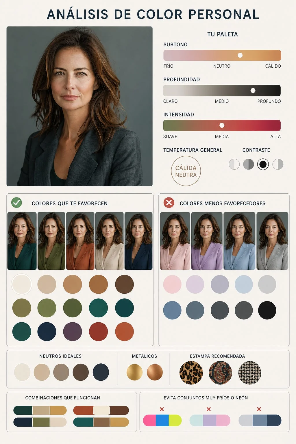 Generated personal colour analysis for the fictional candidate, with palette and combinations described below.