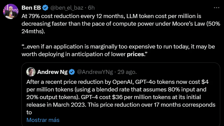 Historical posts by Ben EB and Andrew Ng discussing falling token costs, with the embedded Andrew Ng post cut off before its conclusion.