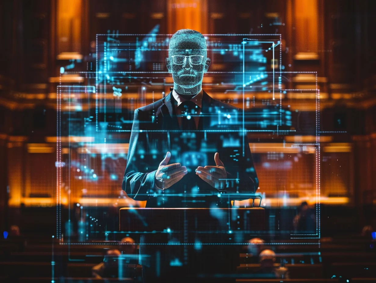 Illustration of a holographic statesman addressing a chamber through glowing data displays.