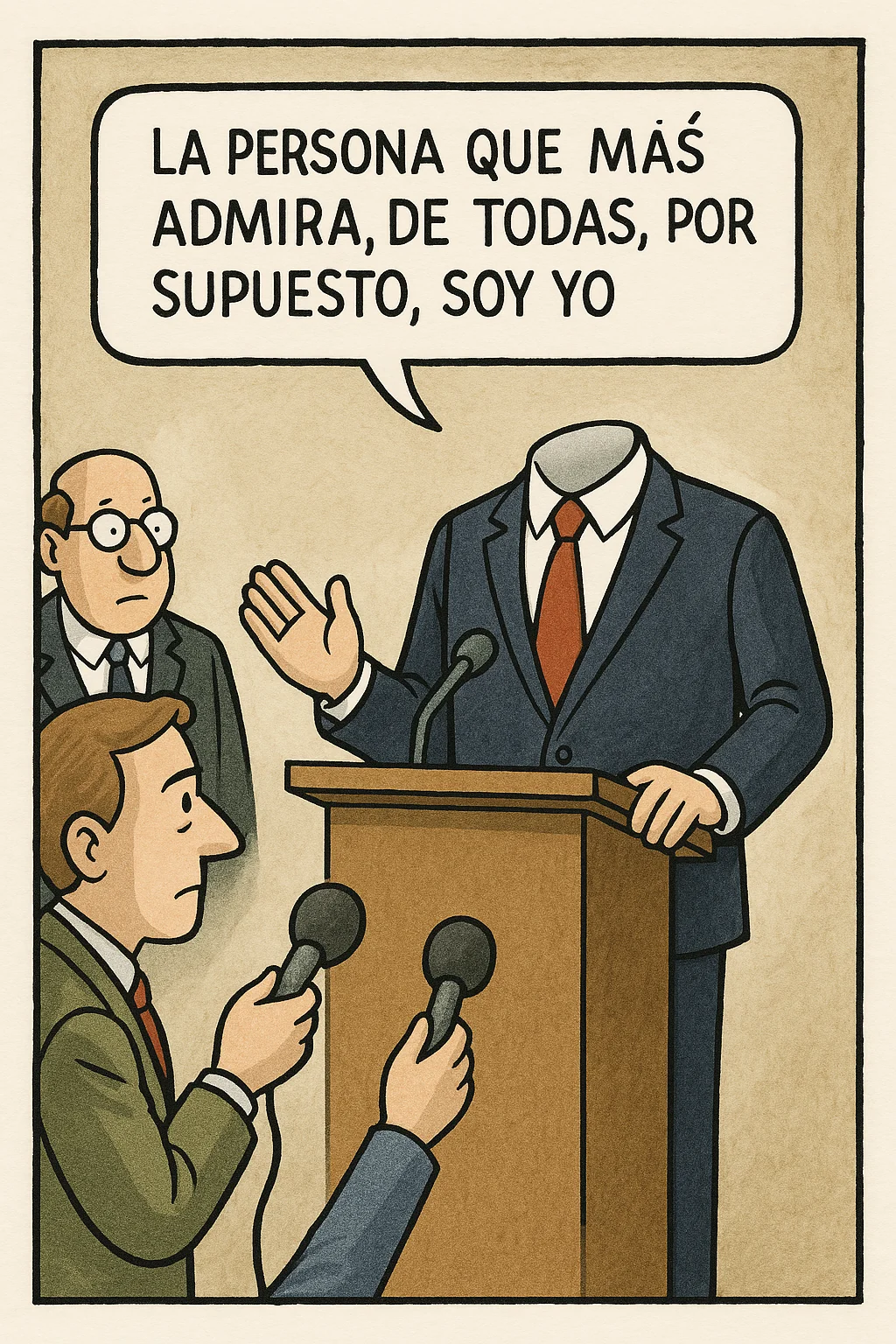 Generated cartoon showing a headless politician boasting at a lectern; the speech and its ambiguous Spanish subject are documented below.