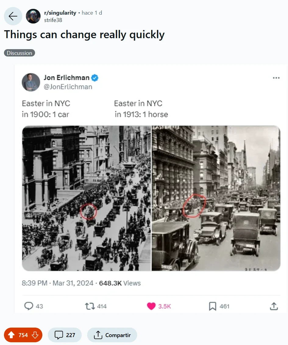Reddit post comparing New York Easter street photographs from 1900 and 1913 to illustrate the speed of technological change.