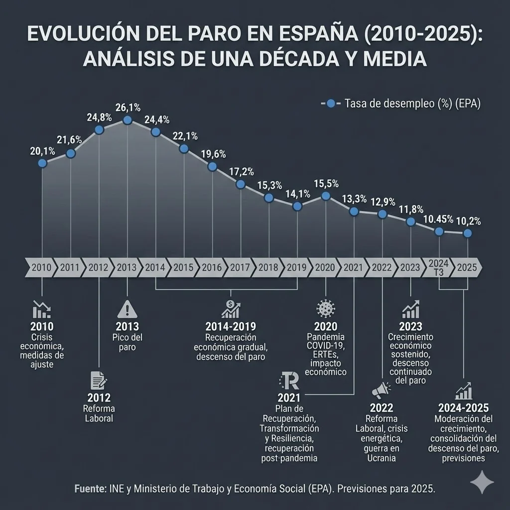 Generated Spanish unemployment timeline for 2010–2025, with values and political and economic milestones.