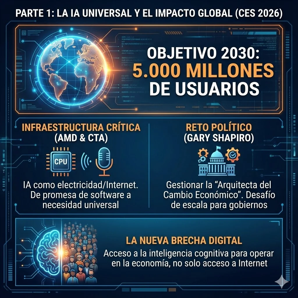 CES 2026 infographic about universal AI, the target of five billion users by 2030, critical infrastructure and a new digital divide. All substantive text follows.