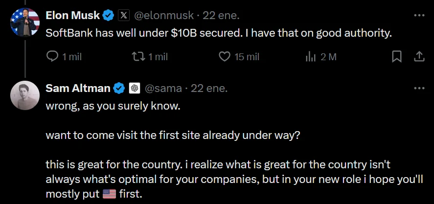 Screenshot of Musk’s claim about SoftBank and Altman’s reply inviting him to visit the first site.