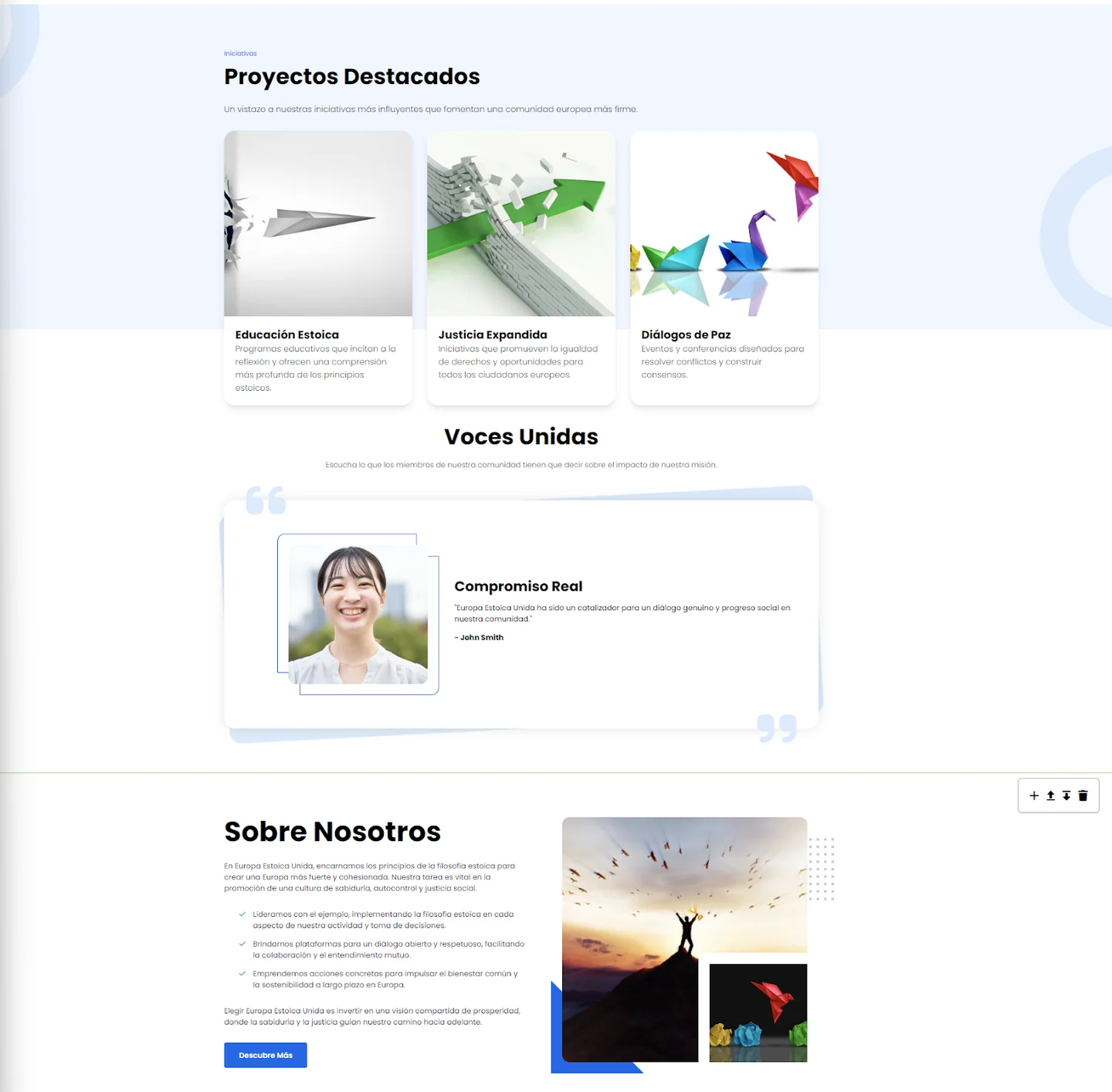 Generated party website showing projects, an illustrative testimonial and an About section; English translation follows.