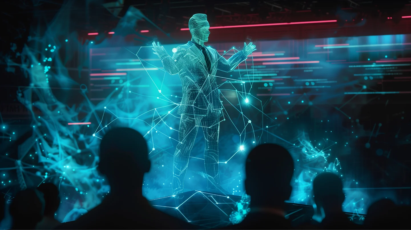 Illustration of a glowing holographic political speaker addressing an audience amid streams of data.