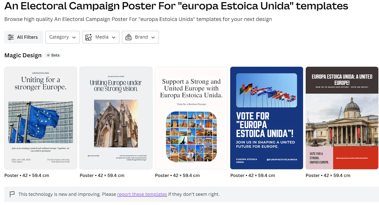 Five initial Canva Magic Design mock campaign posters, with slogans transcribed below.