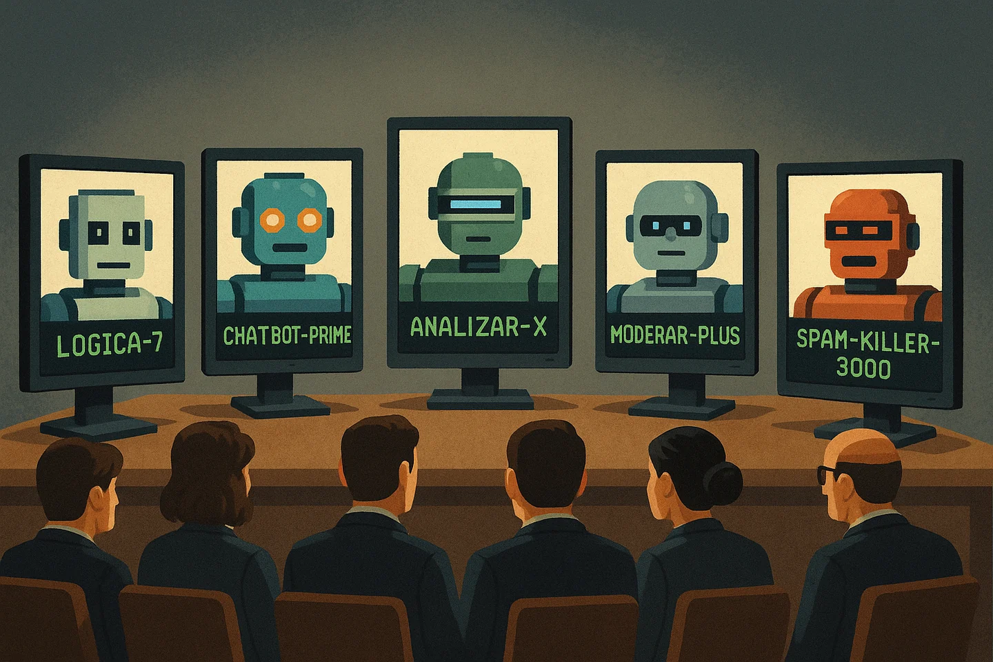 Five named bot representatives meet a group of human negotiators.