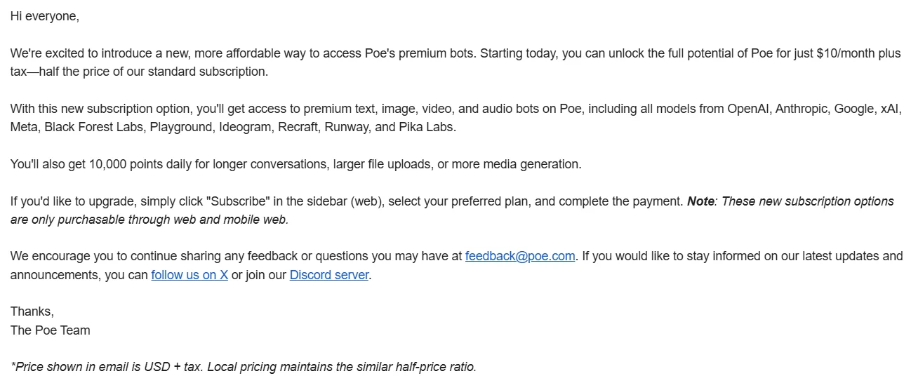 Original English email from Poe announcing a $10-per-month subscription plus tax with 10,000 daily points. Full visible text follows.