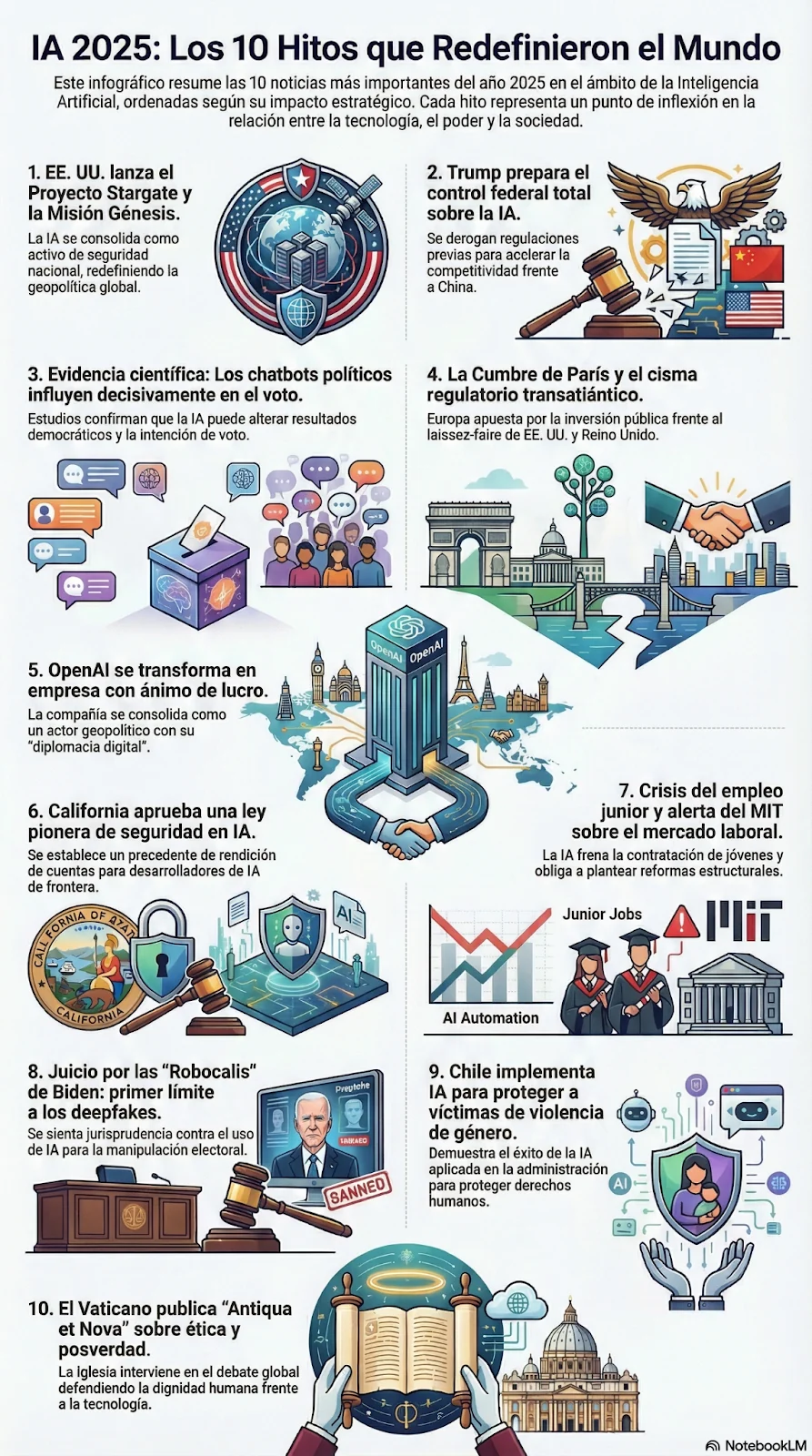 NotebookLM's selection of ten AI milestones of 2025, illustrated with governments, voting, employment and rights. All ten entries are translated below.