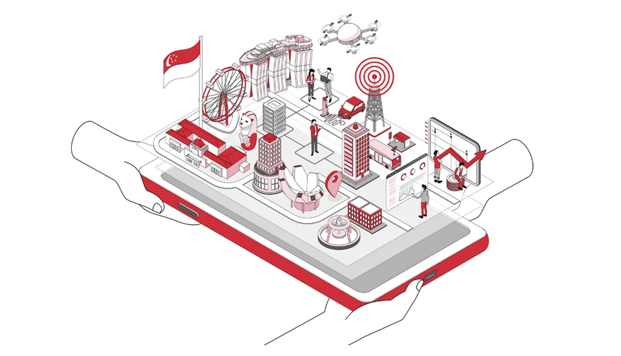 Illustration of Singapore’s landmarks and connected urban services emerging from a handheld tablet.