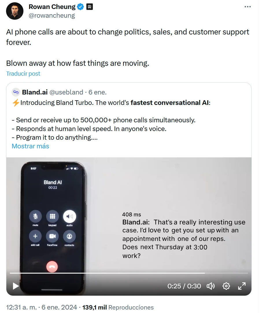 Rowan Cheung shares a January 2024 Bland.ai demonstration of automated telephone conversations.