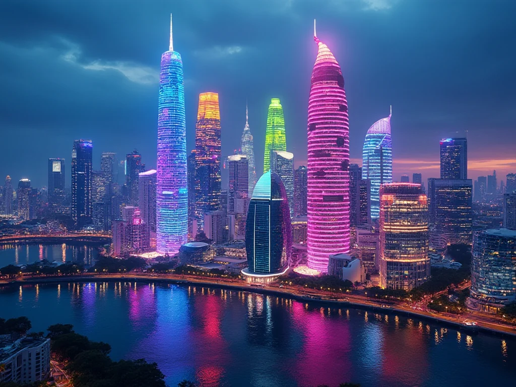 Flux illustration of a waterfront city with brightly coloured, illuminated skyscrapers.