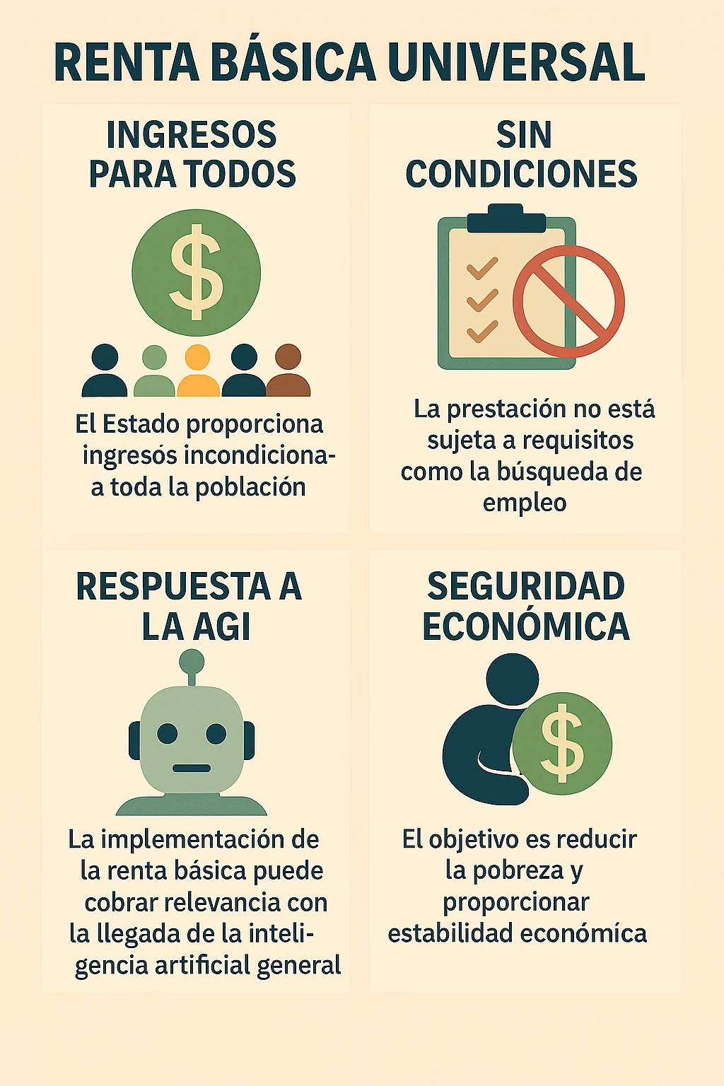 Original GPT-4o-generated four-panel infographic on universal basic income: income for everyone, no conditions, a response to AGI and economic security; complete English text and the source's truncated word are explained below.