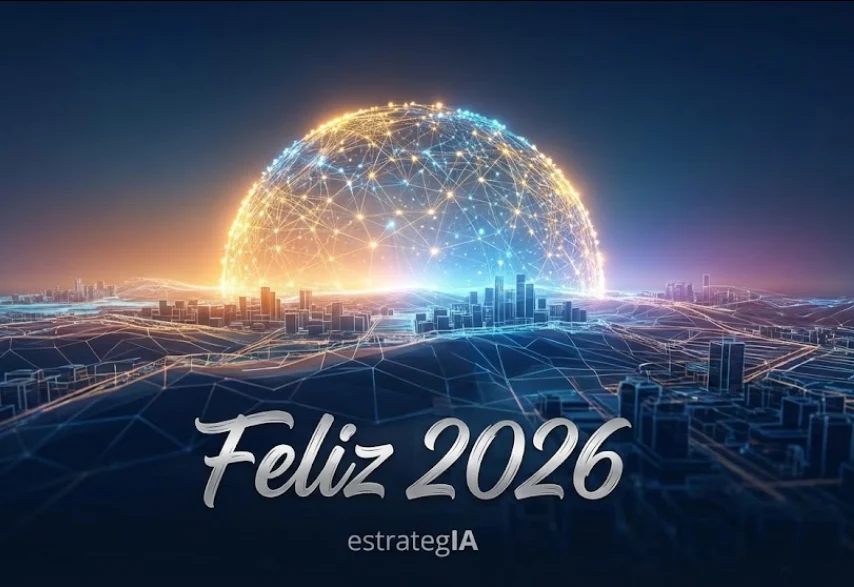 A glowing network globe rises over a digital city. The greeting reads Happy 2026, signed estrategIA.