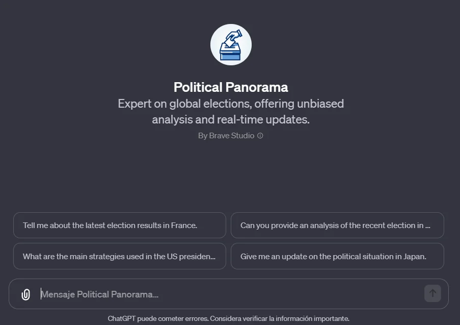 Political Panorama, a GPT presenting itself as an expert on international elections.