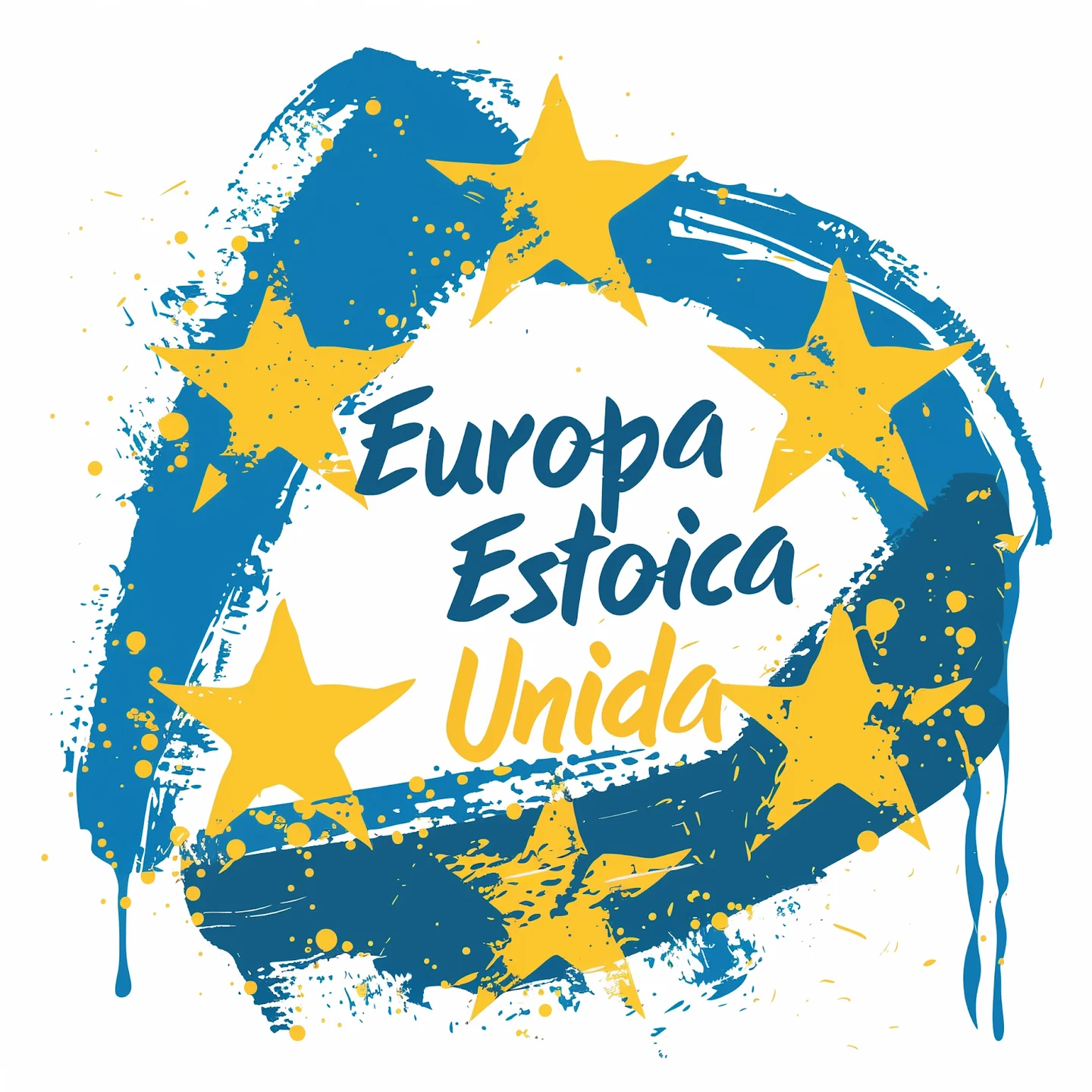 Midjourney logo for Europa Estoica Unida, with blue brushstrokes and yellow stars.