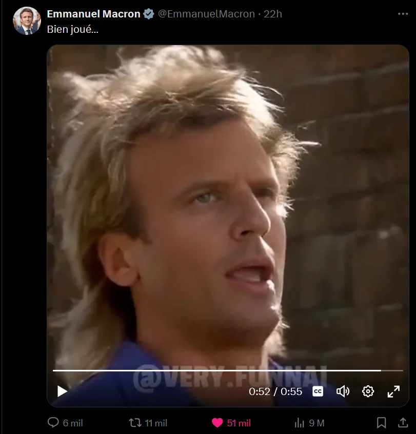 Screenshot of Emmanuel Macron’s post captioned Bien joué, showing a still from the AI-altered video discussed in the article.