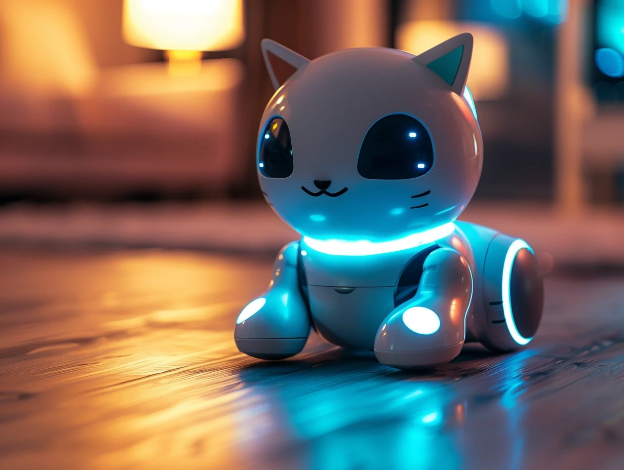Illustration of Mittens, a small robotic cat with glowing blue features, sitting on a table.