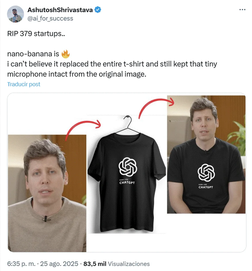 Post demonstrating a generated T-shirt replacement while retaining a small clip-on microphone from the source photograph.